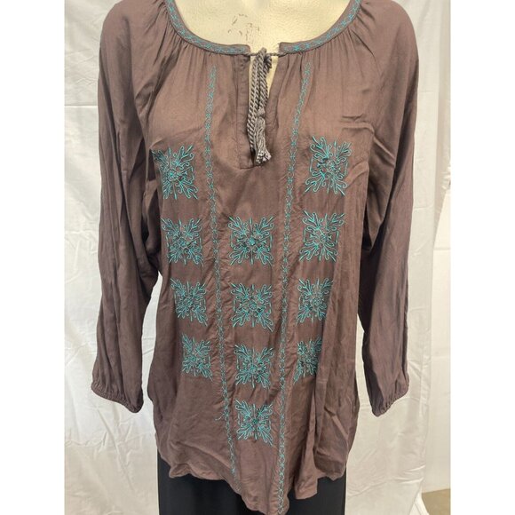 Pink Cattlelac Womens Embroidered Keyhole Neck‎ Tunic Blouse Size XL Long Sleeve - Picture 1 of 12
